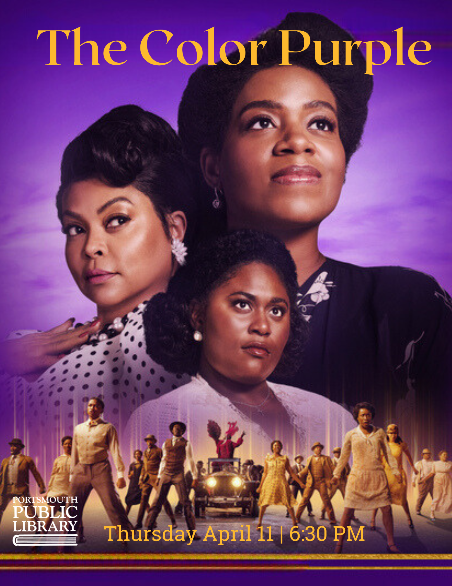 Three black women above black men and women dancing in the street The Color Purple April 21 at 6:30 PM