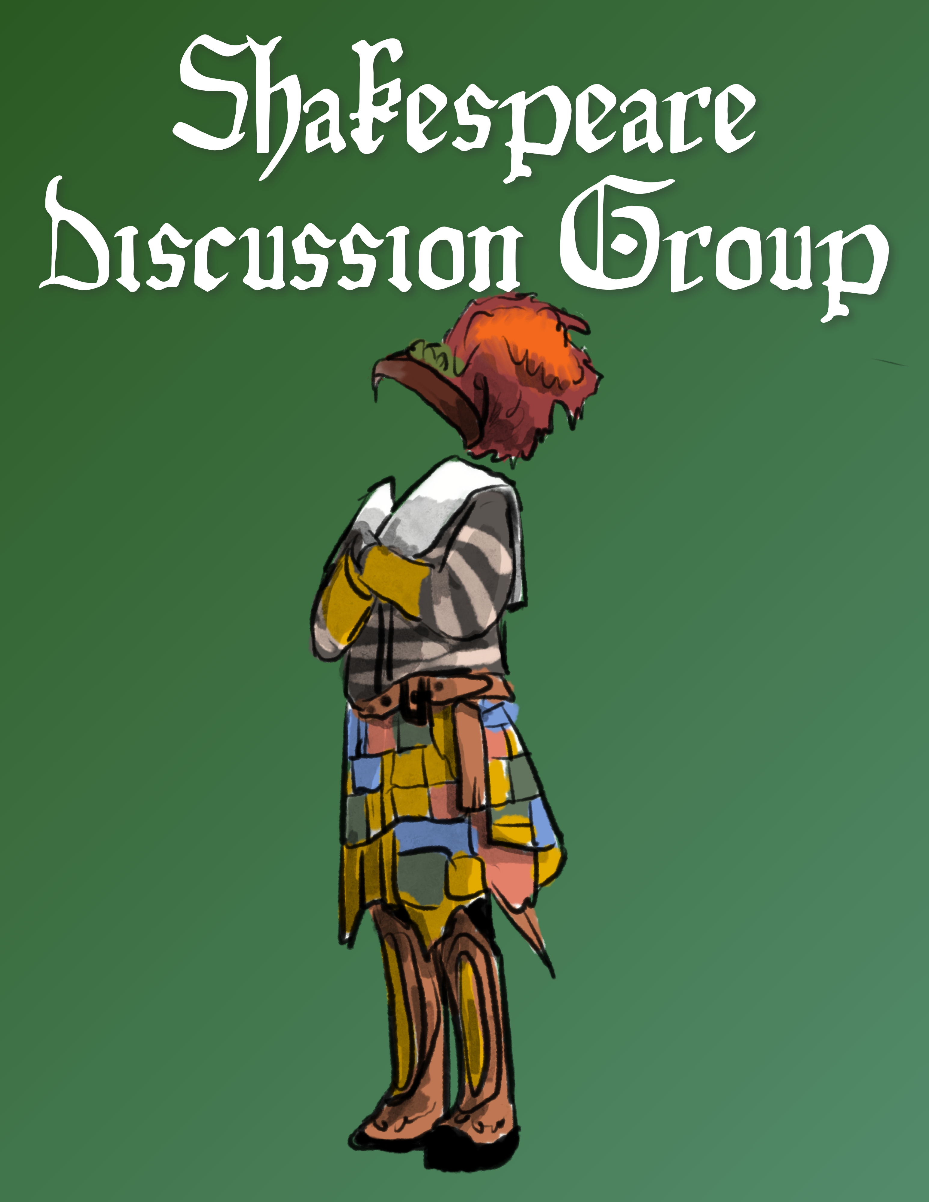 Shakespeare Discussion Group Headless person with colorful suit standing up with green background