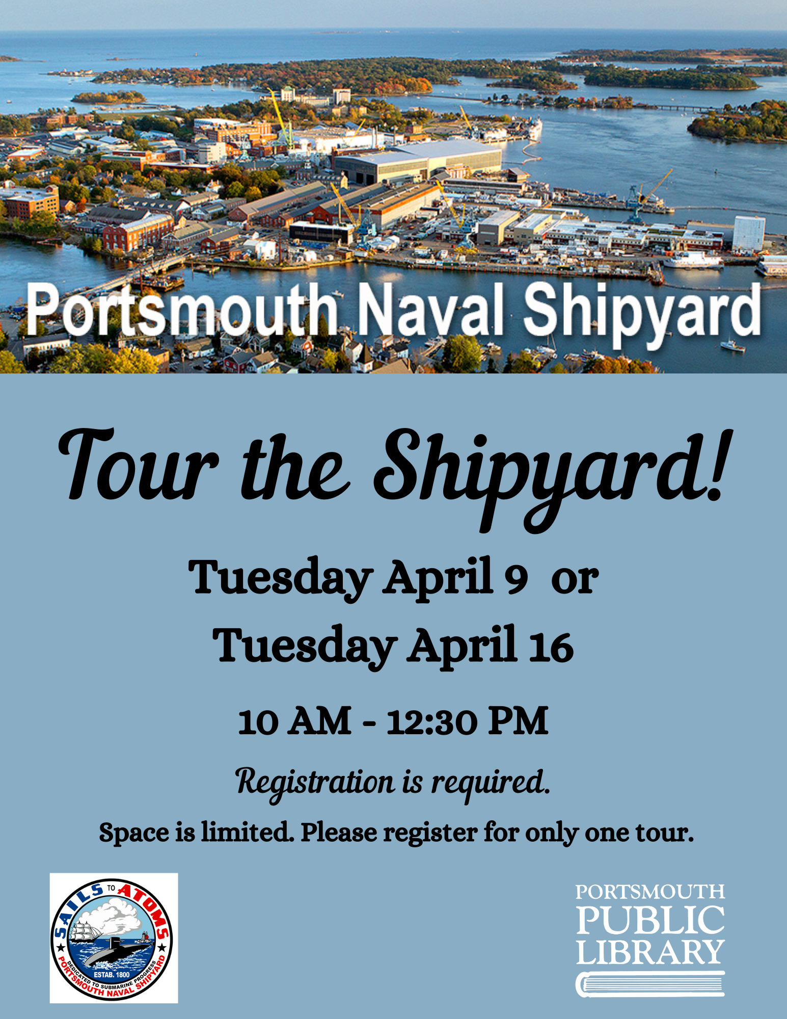 Tour the Shipyard! Portsmouth Naval Shipyard aerial photo. 