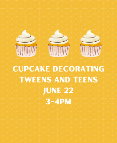 Three frosted cupcakes on a yellow background with the name and time of event underneath, which is in the event description