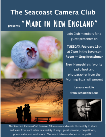 Image of blueberries and image of family at dusk Seacoast Camera Club Exhibit "Made in New England"