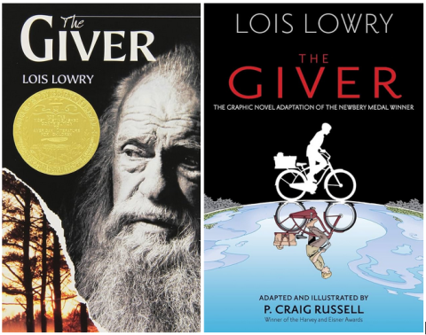 Image shows the covers of both the novel "The Giver," and the graphic novel.