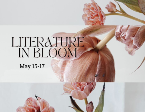 Pink magnolia flowers bending down LIterature in Bloom May 15 through 17