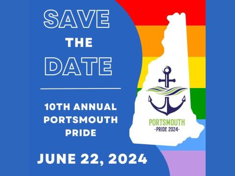 Rainbow colored state of New Hampshire with white state of NH superimposed Portsmouth Pride 2024