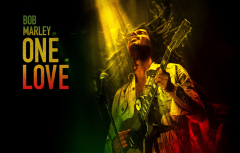 Bob Marley singing on stage with a spotlight on him Bob Marley One Love