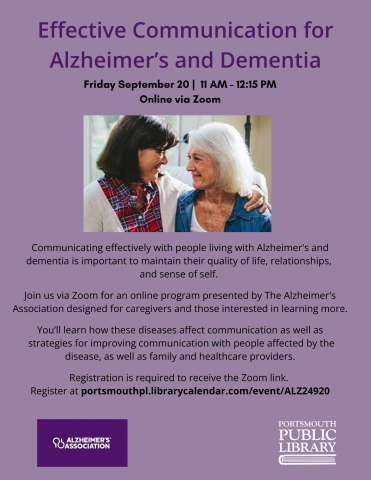 Older woman sitting near younger woman and smiling. Alzheimer's Association Portsmouth Public Library