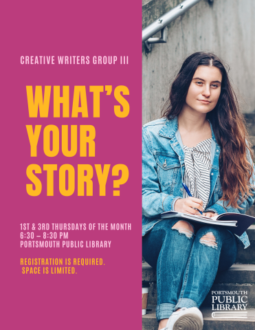 Woman with long brown hair sitting with notebook and pen on stairs outside Creative Writers III Portsmouth Public Library Thursday Registration is required.