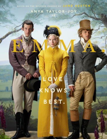 Emma woman in yellow dress from Regency period with two men in period dress