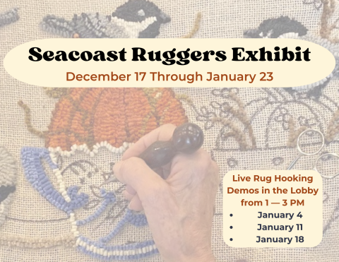 Woman's hand holding rug hook and hooking a rug with pumpkins and birds. Seacoast Ruggers Exhibit December 17 Through January 23 and Demos January 4, 11, 18