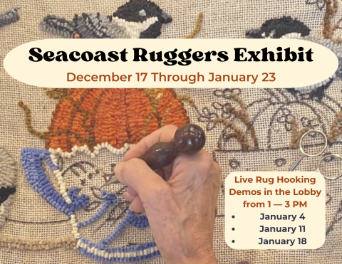 Woman's hand holding rug hook and hooking a rug with pumpkins and birds. Seacoast Ruggers Exhibit December 17 Through January 23 and Demos January 4, 11, 18