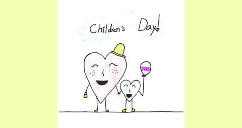 Heart shaped character and smaller square sized character Children's Day 
