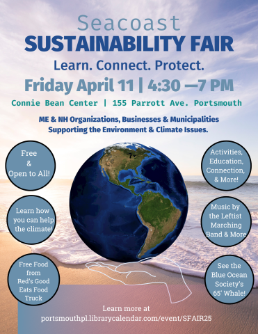 Sustainability Fair 2025 April 11 4:30-7 PM Ocean with Blue and green earth held by white hand