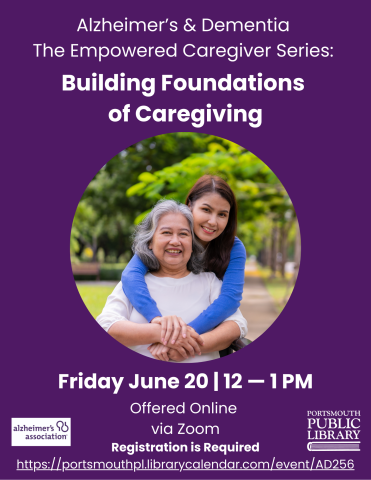 Young woman standing behind an older woman sitting on a bench hugging her. Alzheimers and Dementia Building Foundations of Caregiving Friday June 20 12 PM