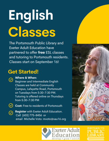 Woman with grey hair standing with side profile English Classes