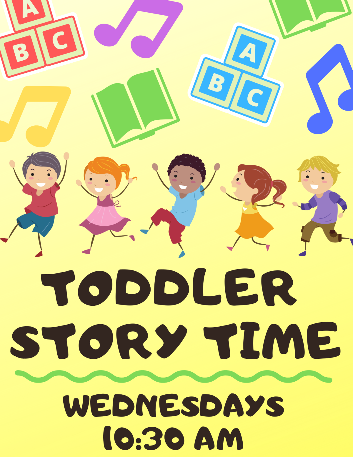 text reads: Toddler Story Time Wednesdays 10;30 AM