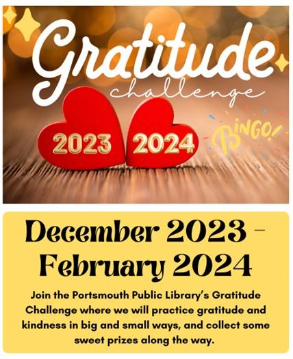 Gratitude Challenge Bingo two red hearts December 2023 to Valentines Day 2024