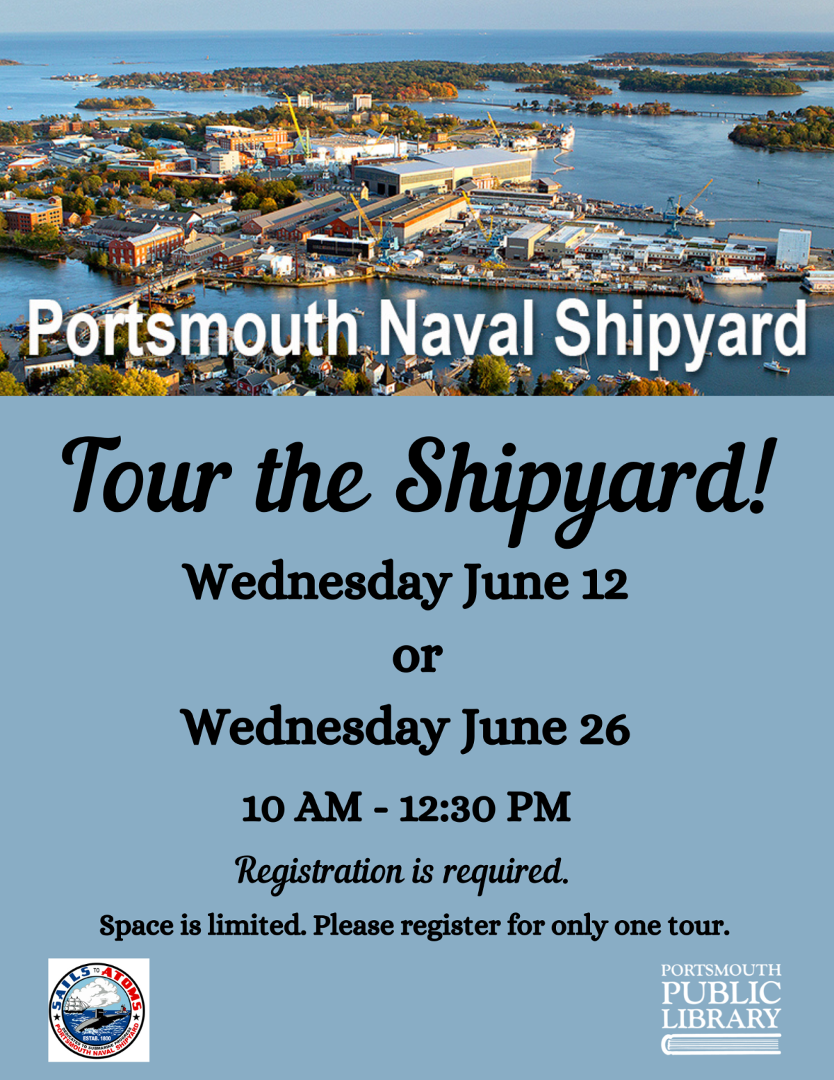 Tour the Shipyard! Portsmouth Naval Shipyard aerial photo. 