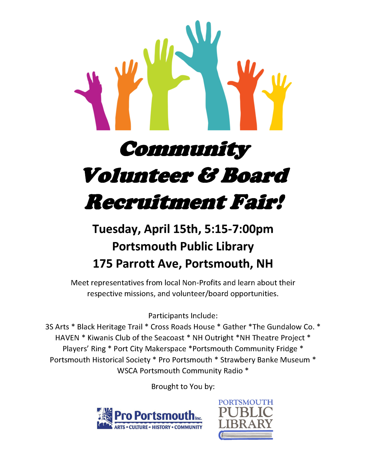 colorful raised hands Community and Volunteer Board Recruitment Fair April 15 5:15 to 7 PM