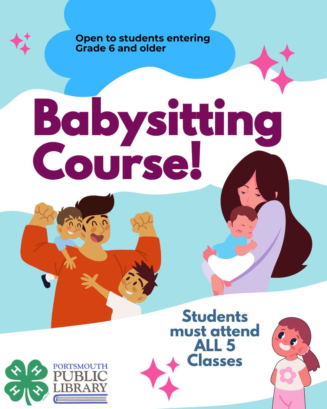 Image of children and caregivers, with text highlighting time and dates of Babysitting Class
