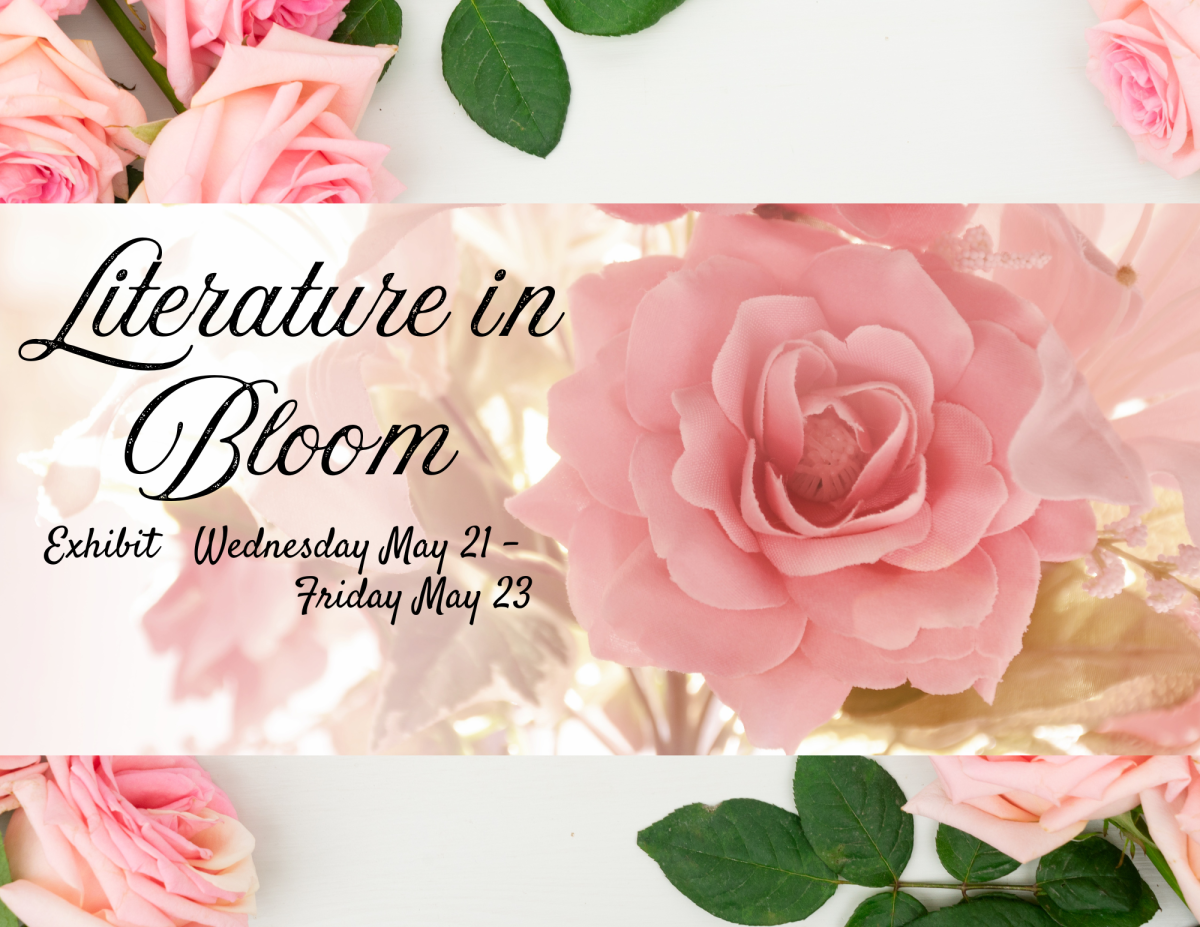 Pink roses and greenery on white background Literature in Bloom May 21 through May 23