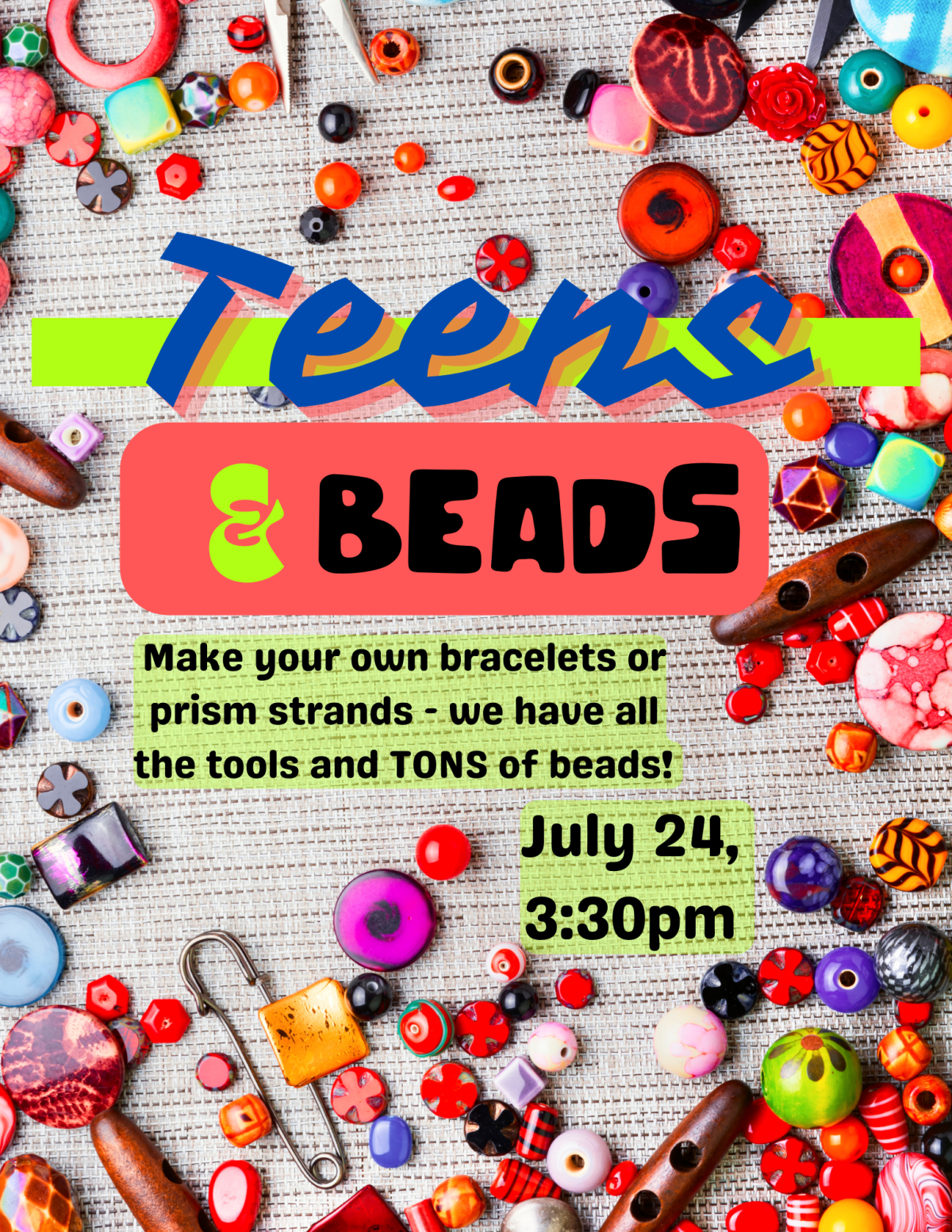 Teen Beading information with a background image of assorted beads