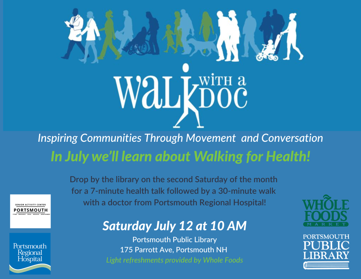 People of all ages and abilities taking a walk with a doctor. Walk with a Doc! July 12
