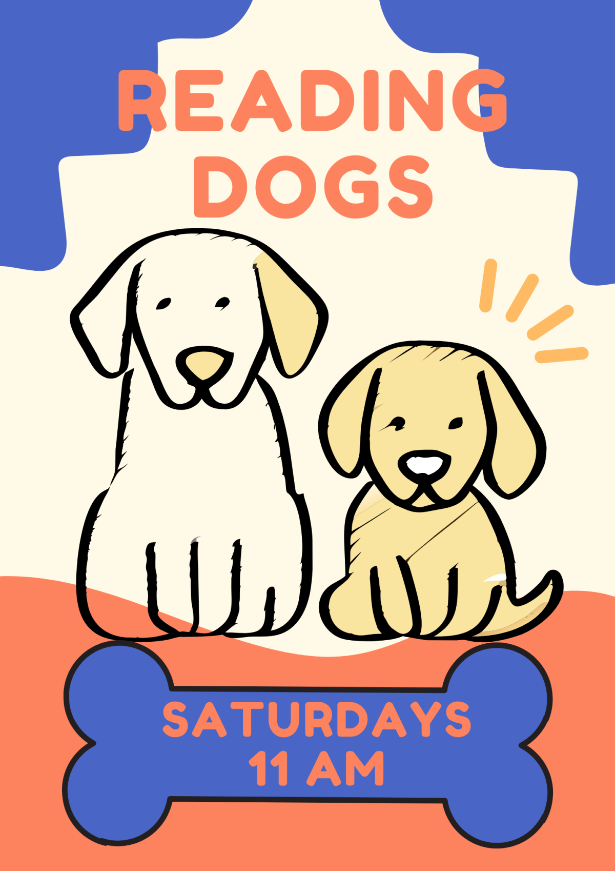Reading Dogs with two graphics of golden dogs Saturdays 11 AM